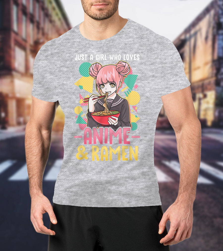 Just A Girl Who Loves Anime And Ramen With Pink-Haired Character Eating Noodles T-Shirt