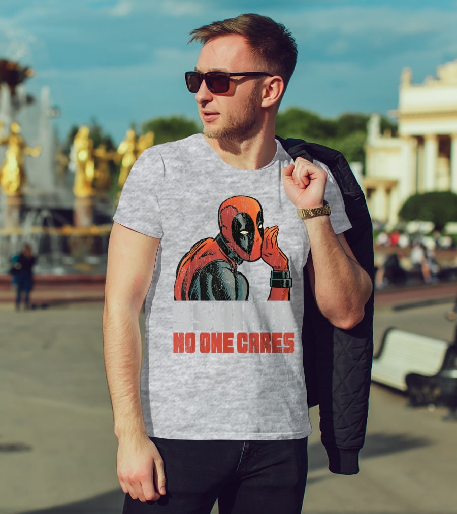 Marvel Deadpool SSHHHH No One Cares Whisper Red And Black Suit Hero T-Shirt