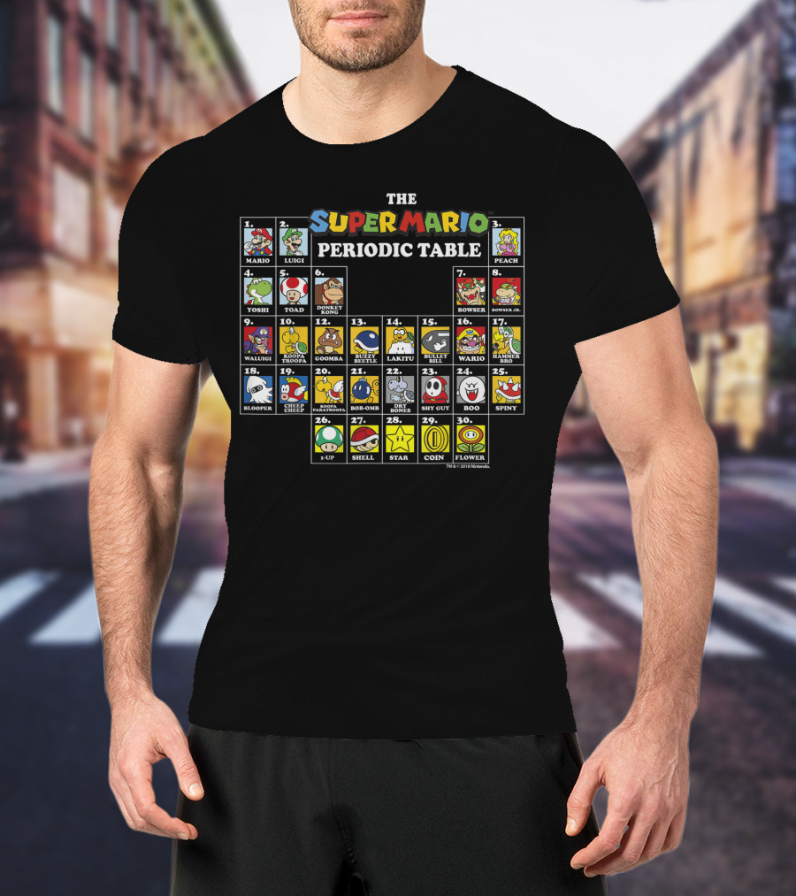 Super Mario Periodic Table Featuring Luigi Peach Yoshi Bowser Toad Donkey Kong And More Iconic Characters T-Shirt