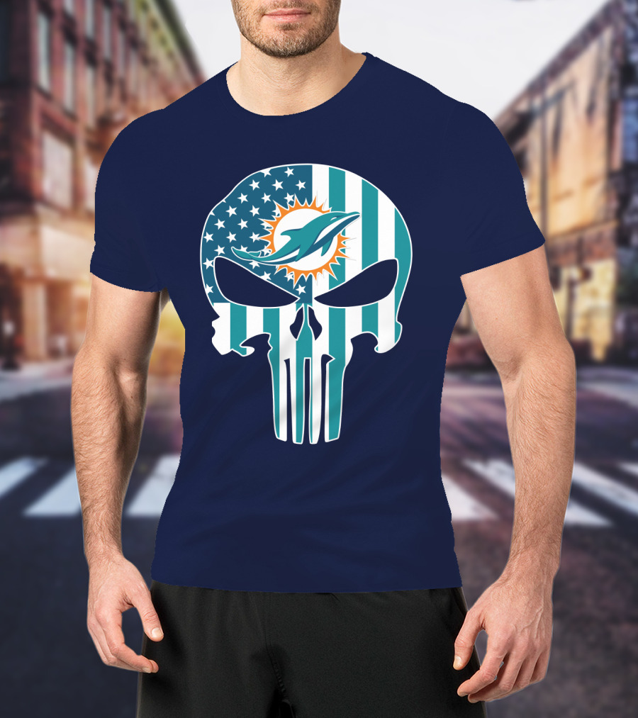 Miami Dolphins Punisher Skull American Flag T-Shirt