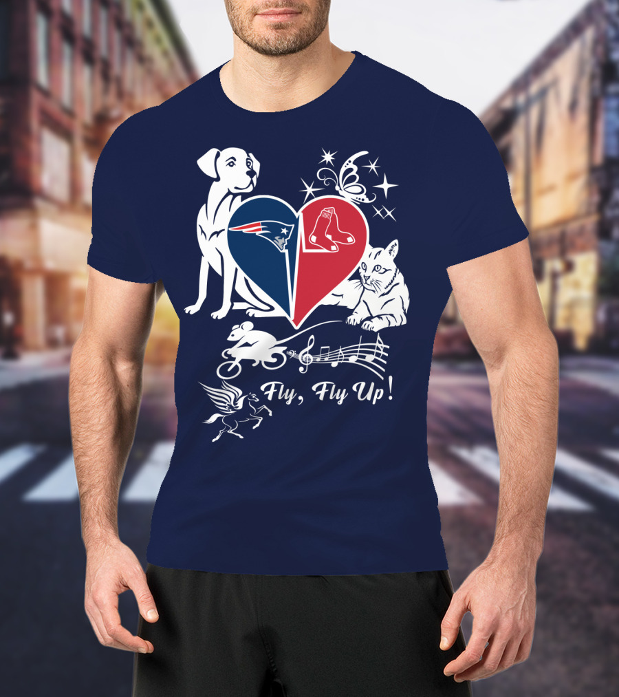 New England Patriots Red Sox Heart With Animals And Fly Fly Up T-Shirt