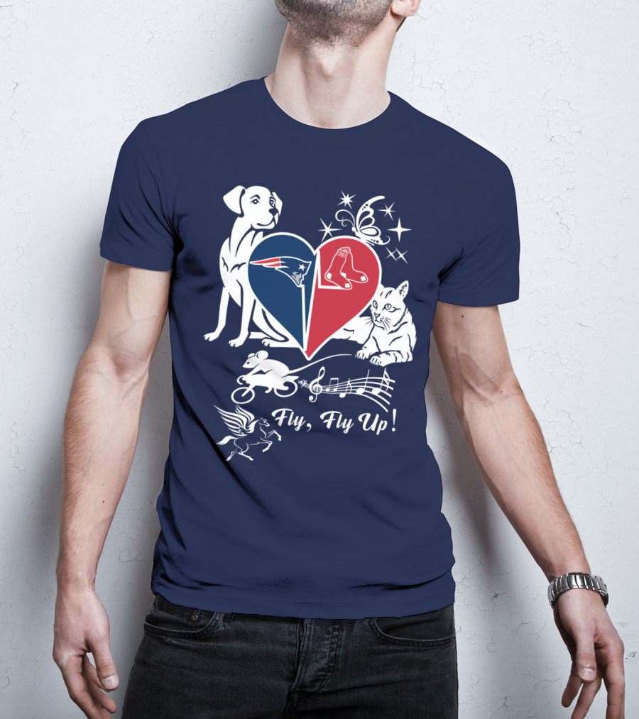 New England Patriots Red Sox Heart With Animals And Fly Fly Up T-Shirt