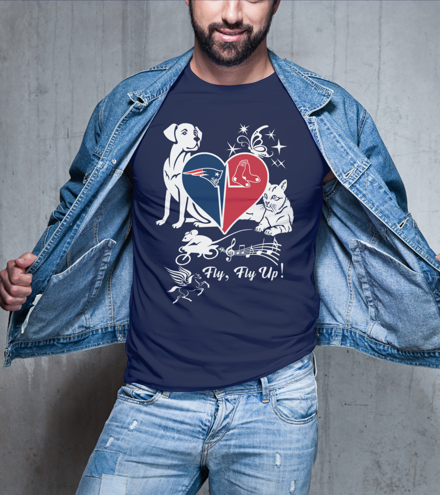New England Patriots Red Sox Heart With Animals And Fly Fly Up T-Shirt
