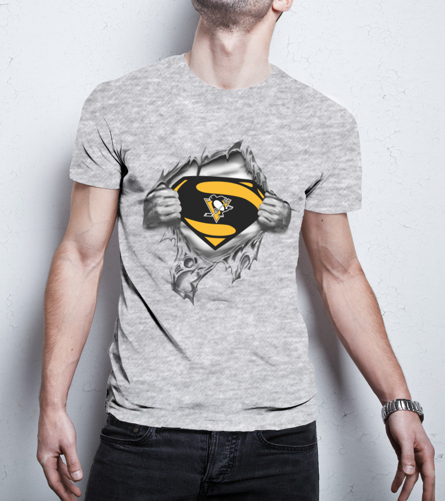 Superman Pittsburgh Penguins Logo Busting Through Silver T-Shirt