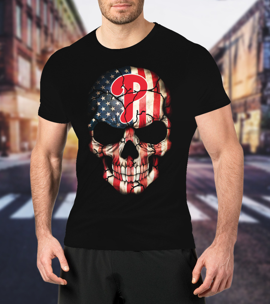 Phillies Skull American Flag Cracked T-Shirt
