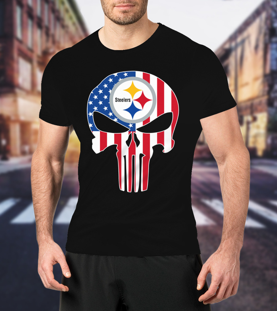 Steelers American Flag Skull T-Shirt