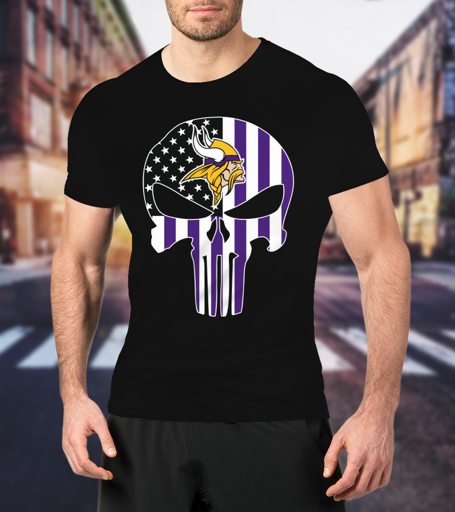 Minnesota Vikings Punisher American Flag Skull T-Shirt