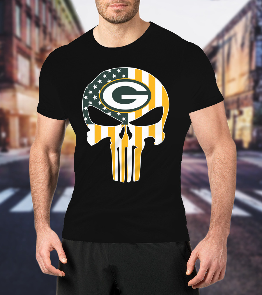 Green Bay Packers Punisher Skull American Flag T-Shirt