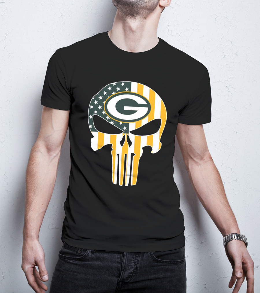 Green Bay Packers Punisher Skull American Flag T-Shirt