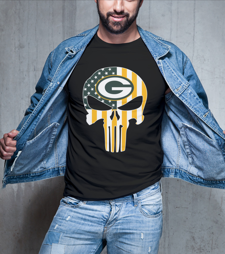 Green Bay Packers Punisher Skull American Flag T-Shirt