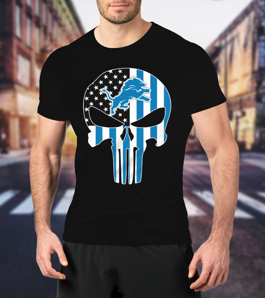 Detroit Lions Punisher Skull Logo American Flag T-Shirt