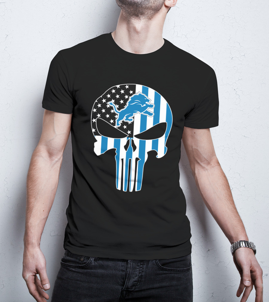 Detroit Lions Punisher Skull Logo American Flag T-Shirt