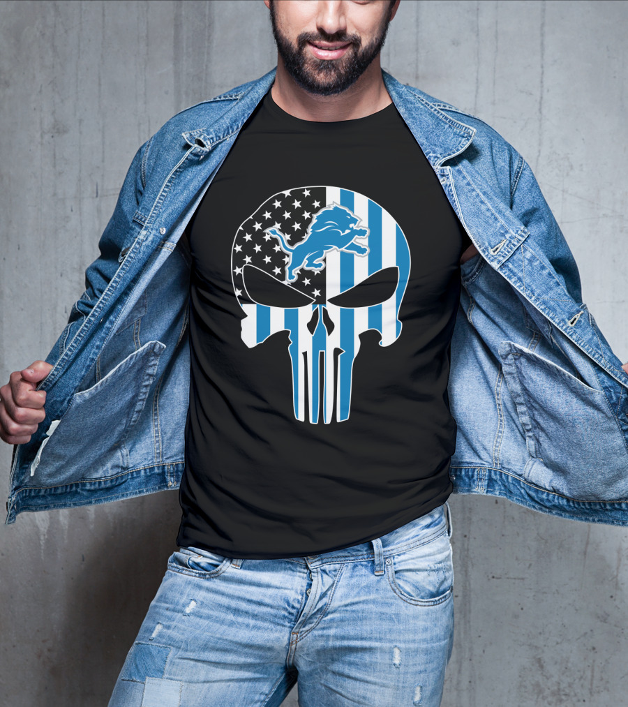 Detroit Lions Punisher Skull Logo American Flag T-Shirt