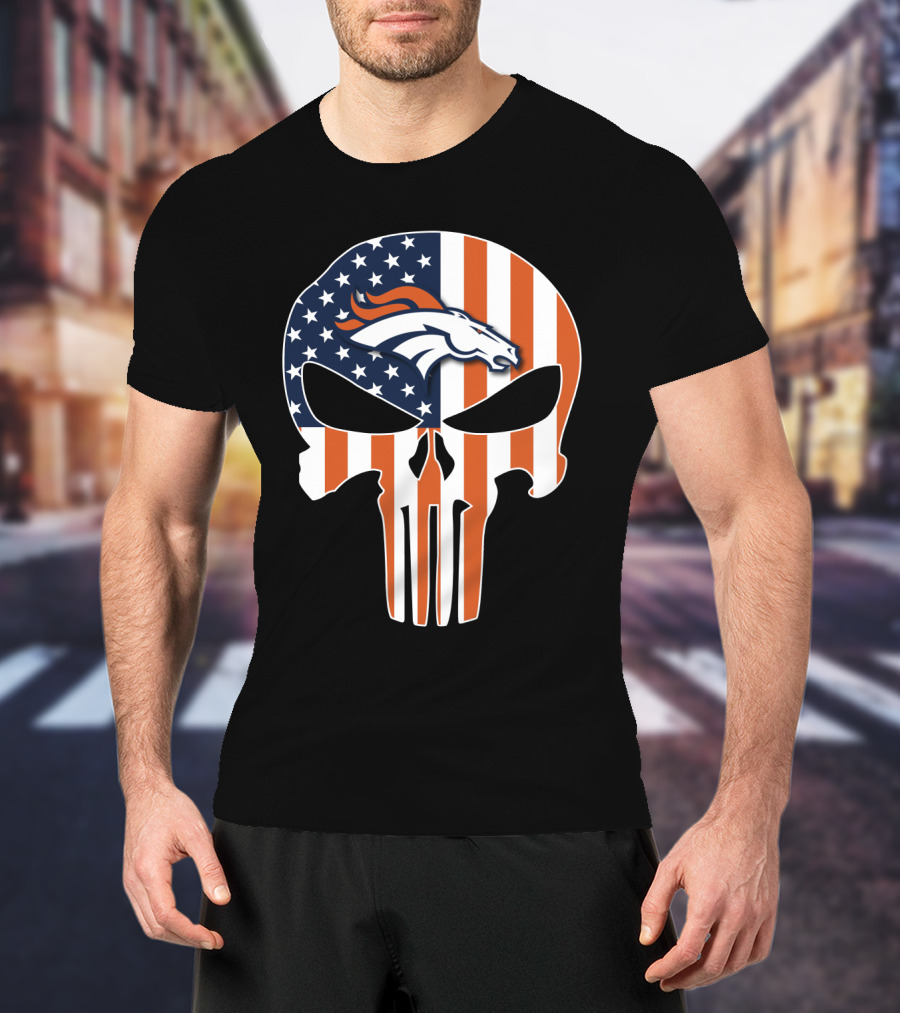 Broncos Punisher American Flag Skull T-Shirt