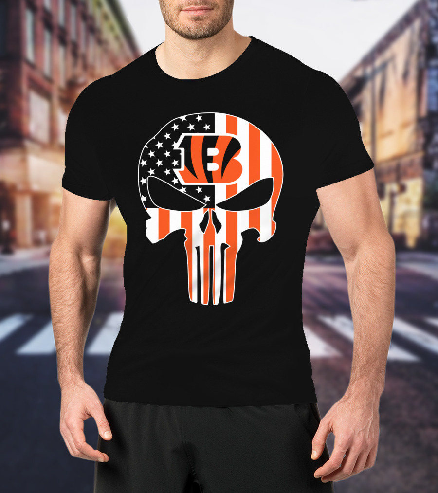 Bengals Skull American Flag Stripes T-Shirt
