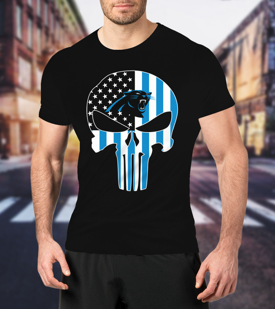 Carolina Panthers Punisher Skull American Flag T-Shirt