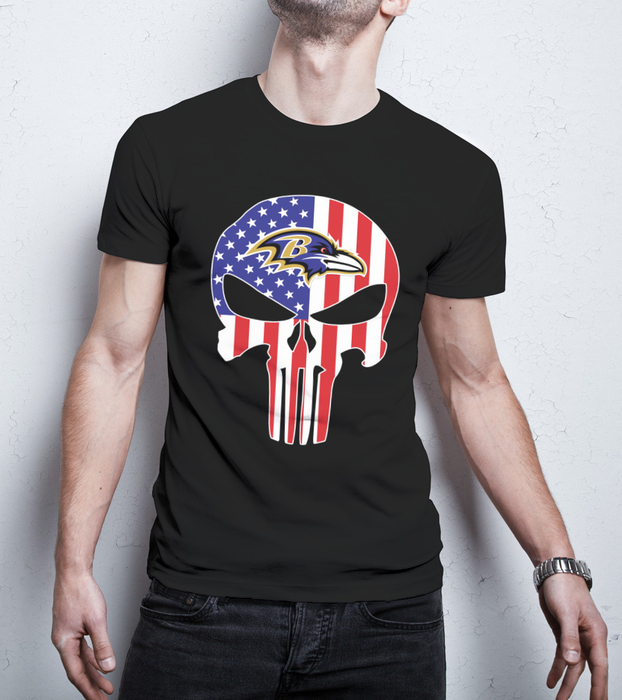 Ravens Skull American Flag Punisher Style T-Shirt