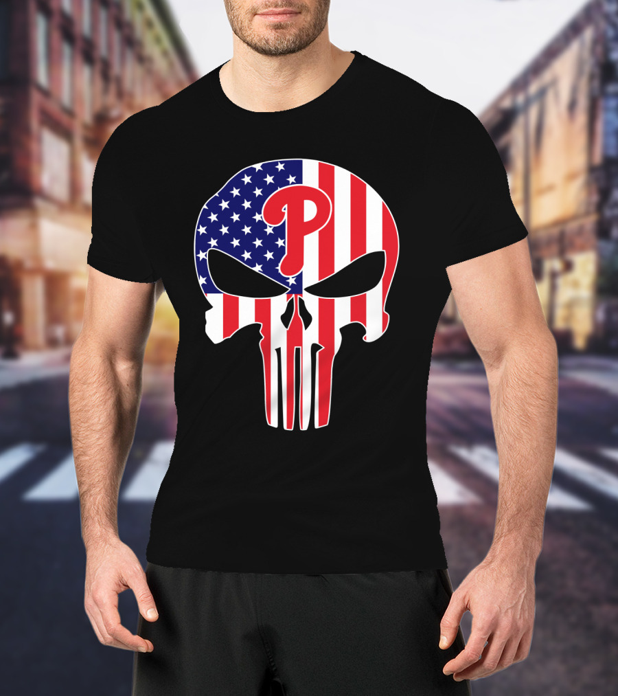 Phillies American Flag Punisher Style Skull T-Shirt