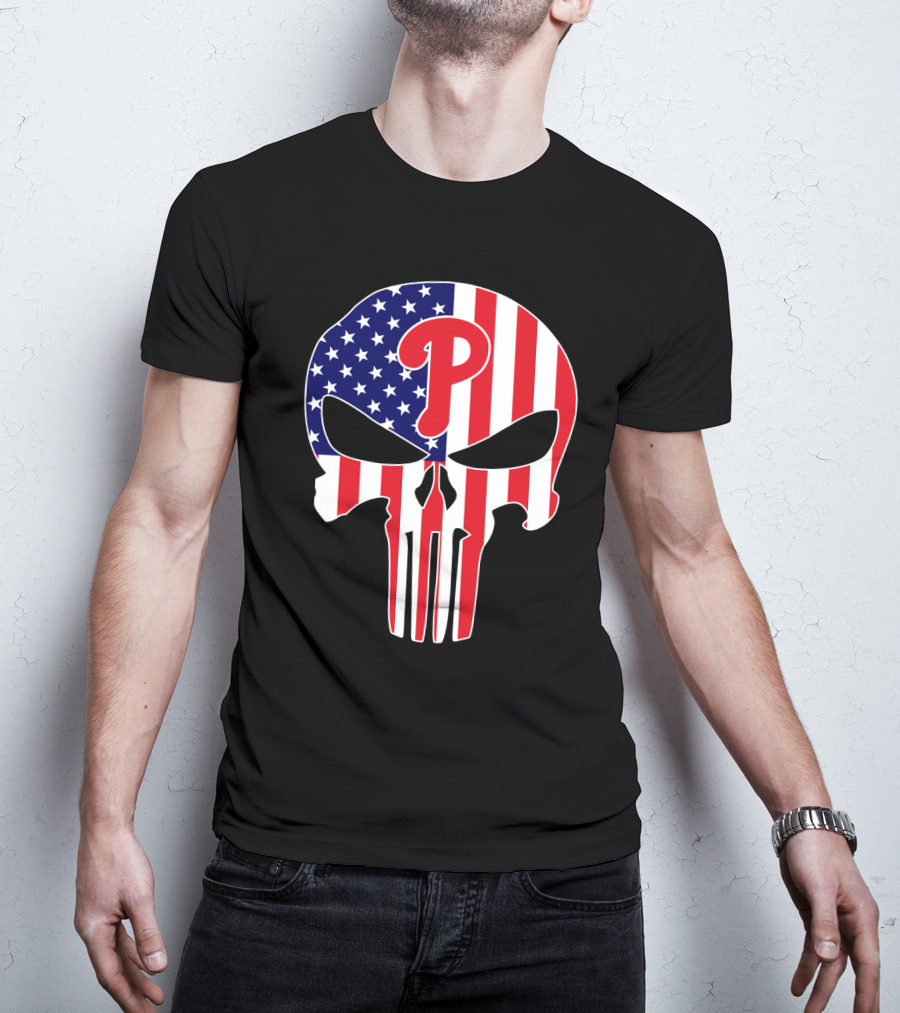 Phillies American Flag Punisher Style Skull T-Shirt