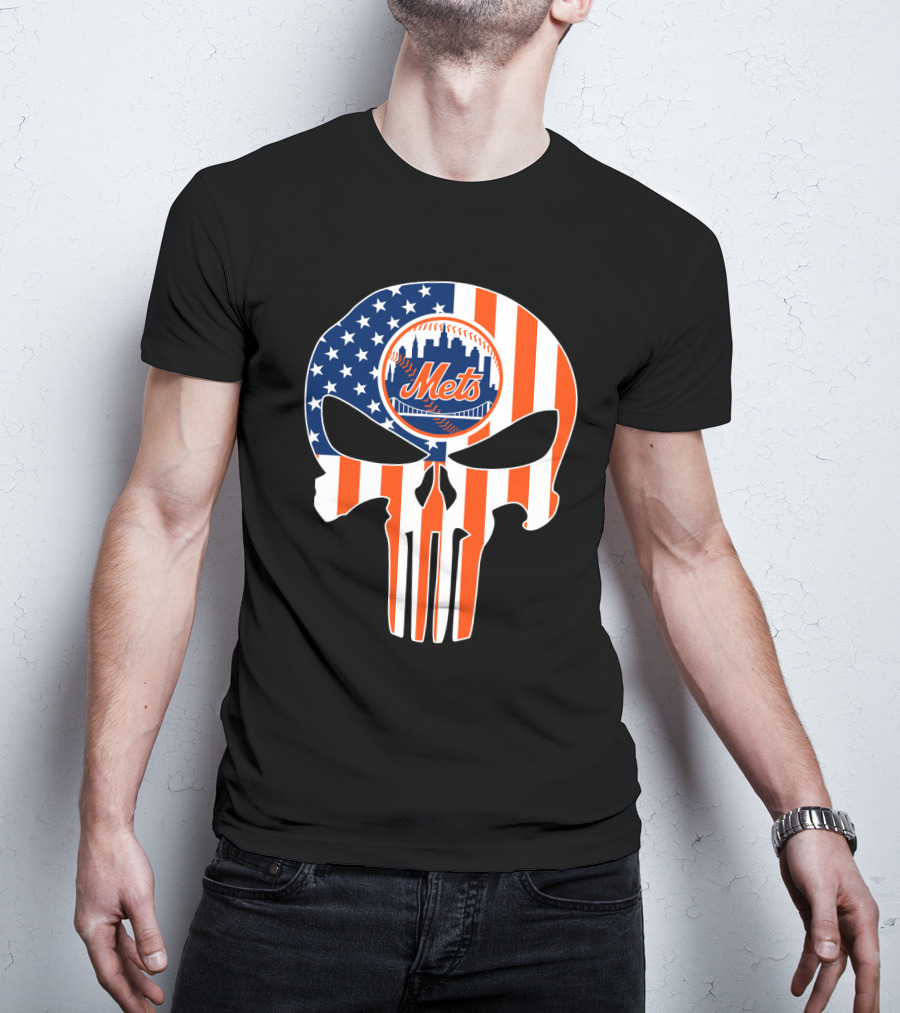 New York Mets American Flag Skull T-Shirt