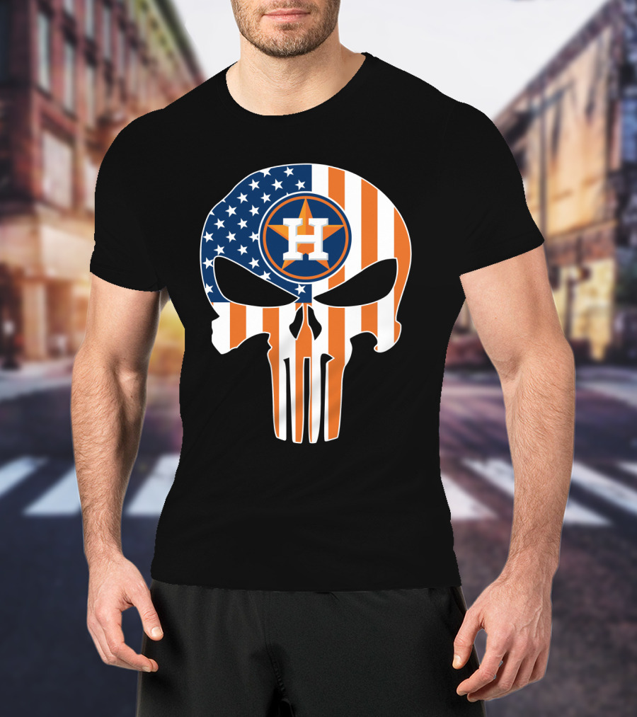 Houston Astros American Flag Skull Punisher Style T-Shirt