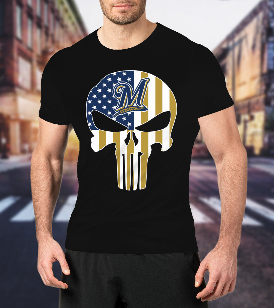 Milwaukee Brewers American Flag Skull T-Shirt