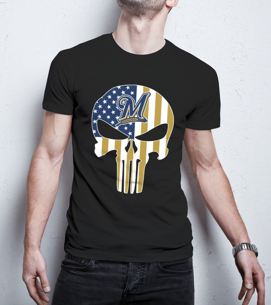 Milwaukee Brewers American Flag Skull T-Shirt