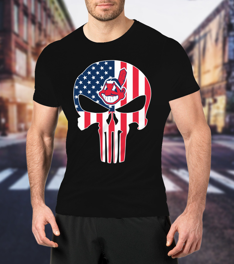 Cleveland Indians Punisher Skull American Flag T-Shirt
