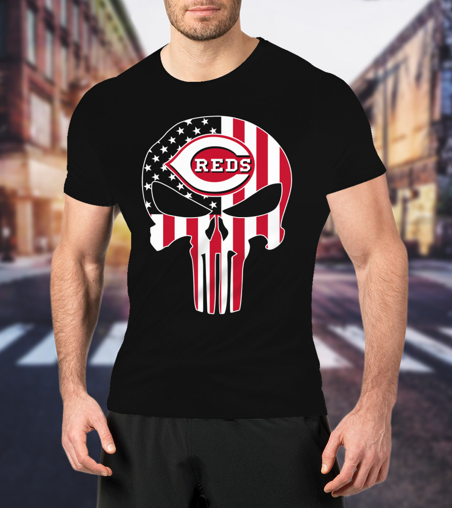 Cincinnati Reds American Flag Skull T-Shirt