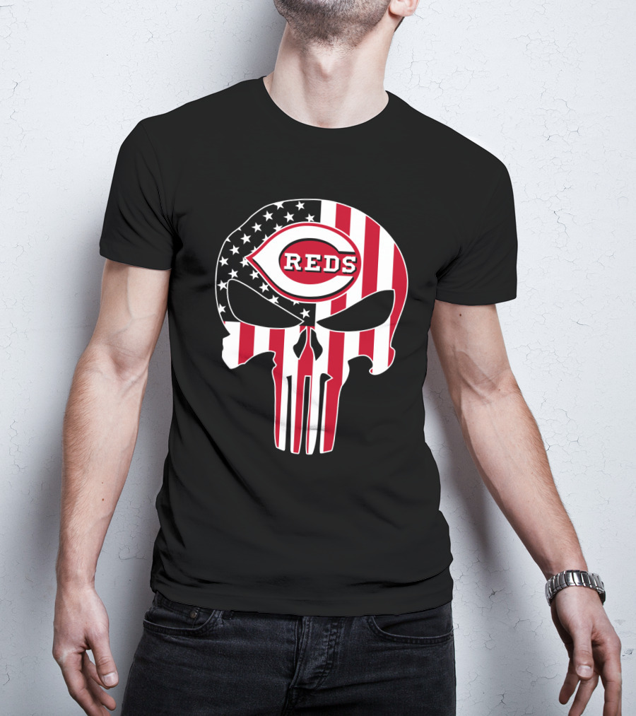 Cincinnati Reds American Flag Skull T-Shirt
