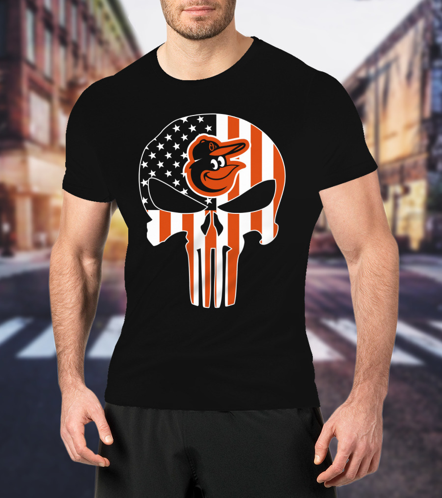 Baltimore Orioles Punisher Skull American Flag T-Shirt