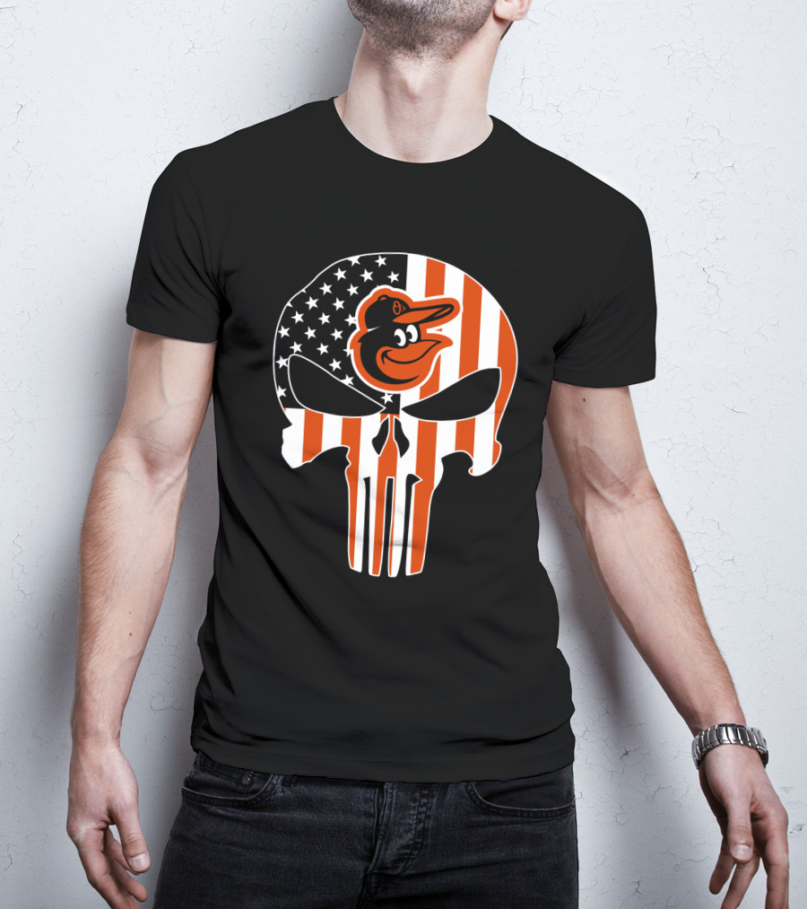 Baltimore Orioles Punisher Skull American Flag T-Shirt