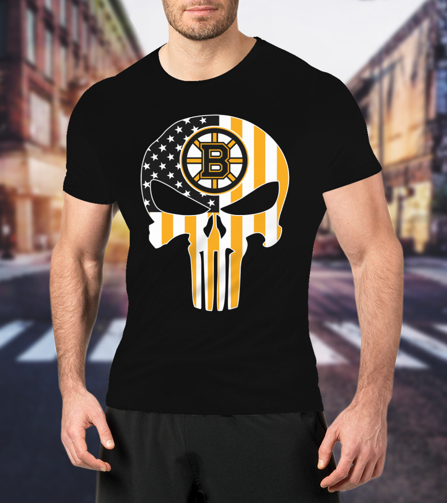 Boston Bruins Punisher Skull American Flag T-Shirt