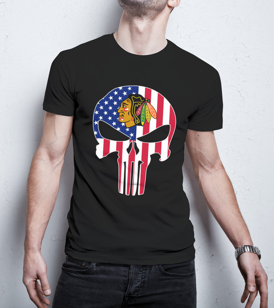 Chicago Blackhawks Punisher Skull American Flag T-Shirt