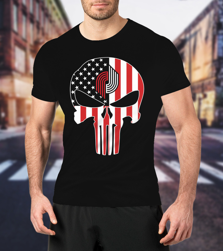 Portland Trail Blazers Punisher American Flag Skull T-Shirt