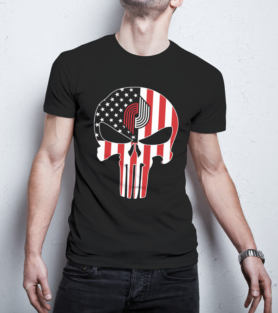 Portland Trail Blazers Punisher American Flag Skull T-Shirt