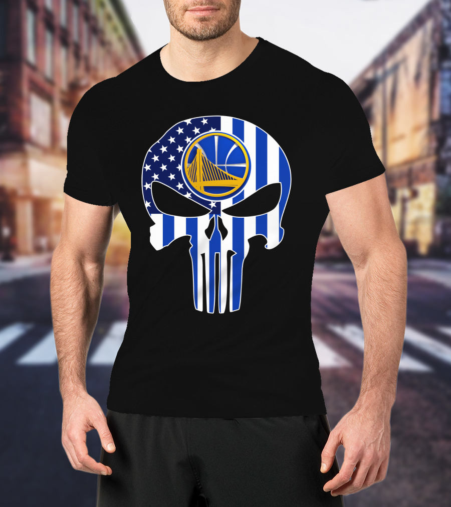 Golden State Warriors Skull Blue American Flag T-Shirt