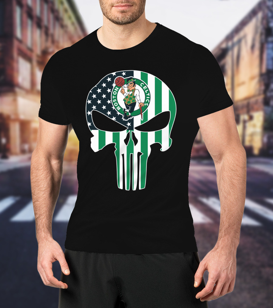 Boston Celtics American Flag Punisher Skull T-Shirt