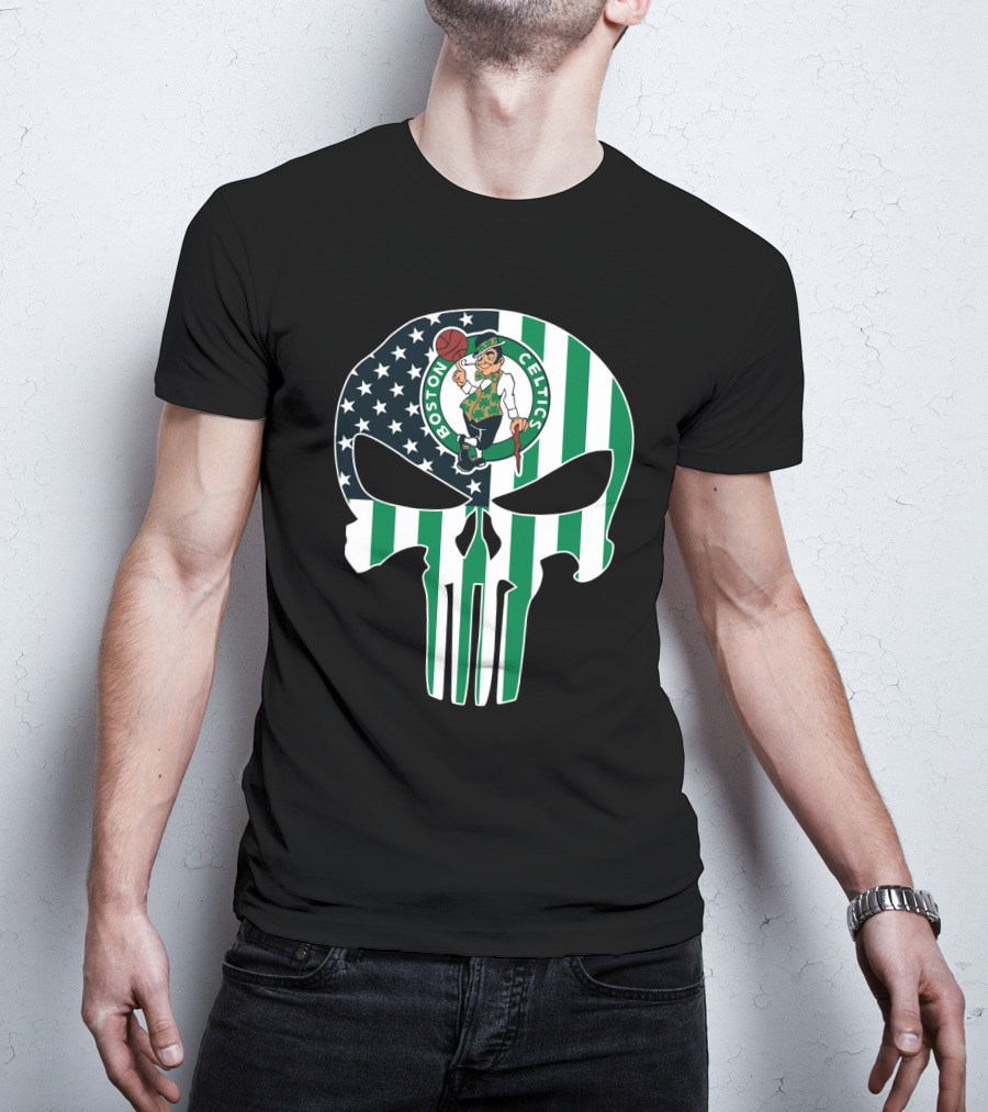 Boston Celtics American Flag Punisher Skull T-Shirt