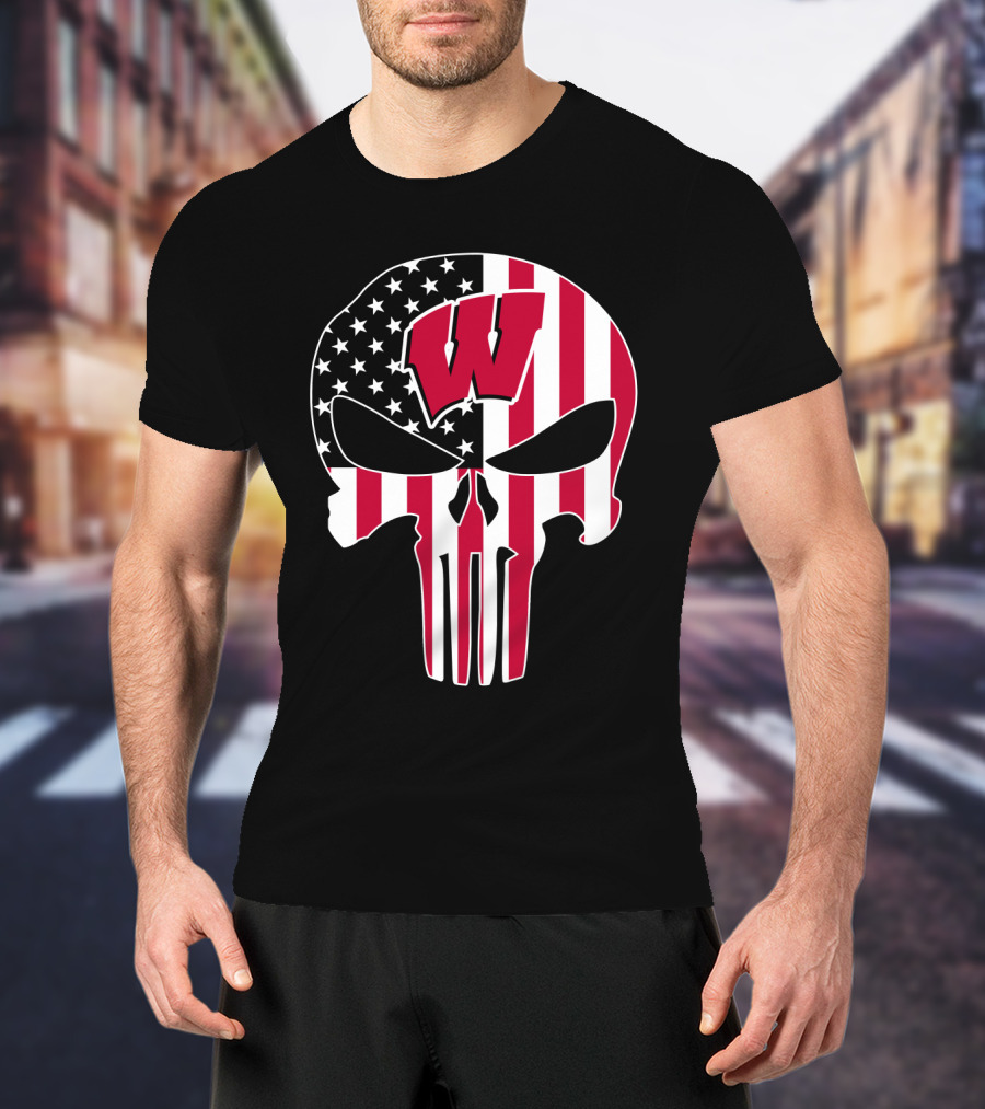 Wisconsin Badgers W Punisher Skull American Flag T-Shirt
