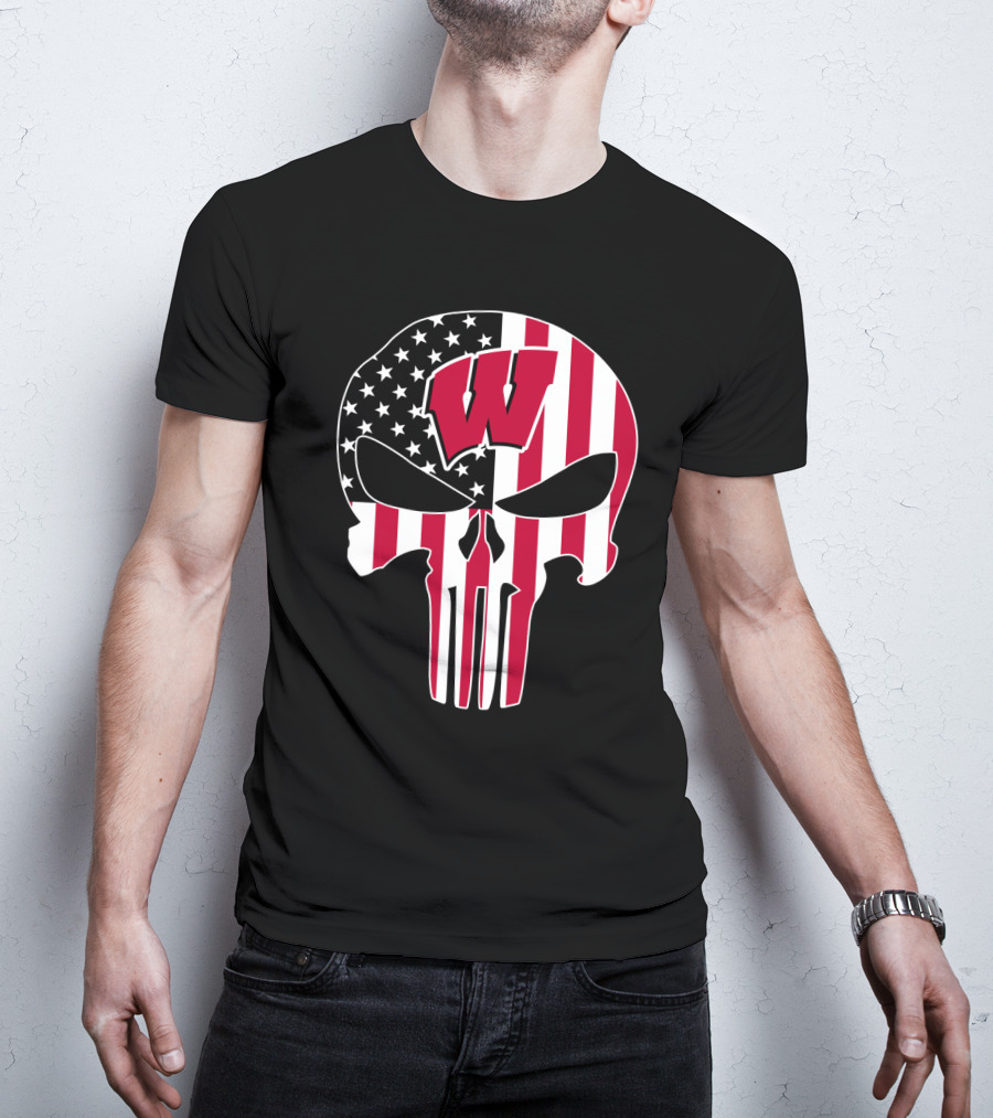 Wisconsin Badgers W Punisher Skull American Flag T-Shirt