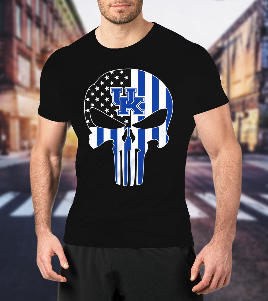 Uk Wildcats Punisher Skull American Flag Blue Stripes T-Shirt