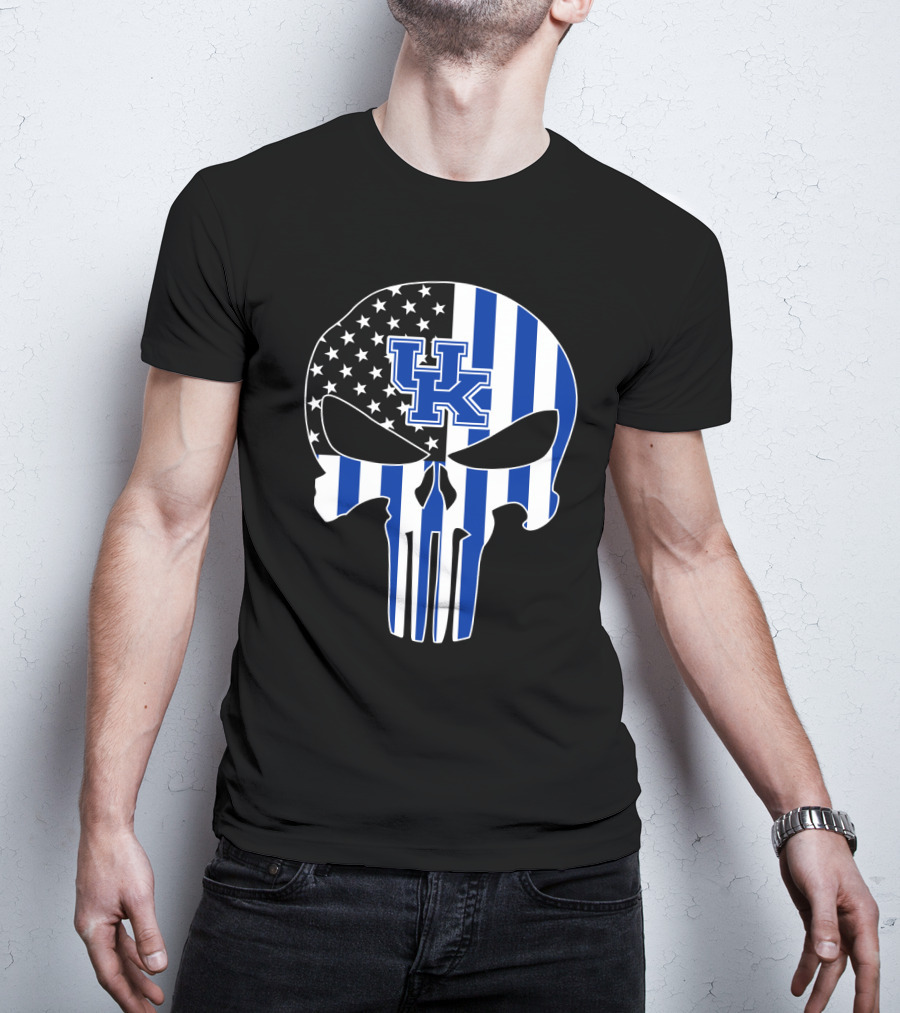 Uk Wildcats Punisher Skull American Flag Blue Stripes T-Shirt