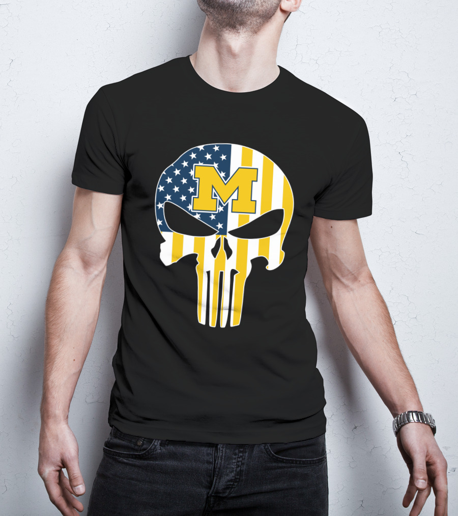 Michigan Wolverines M Logo Skull American Flag T-Shirt