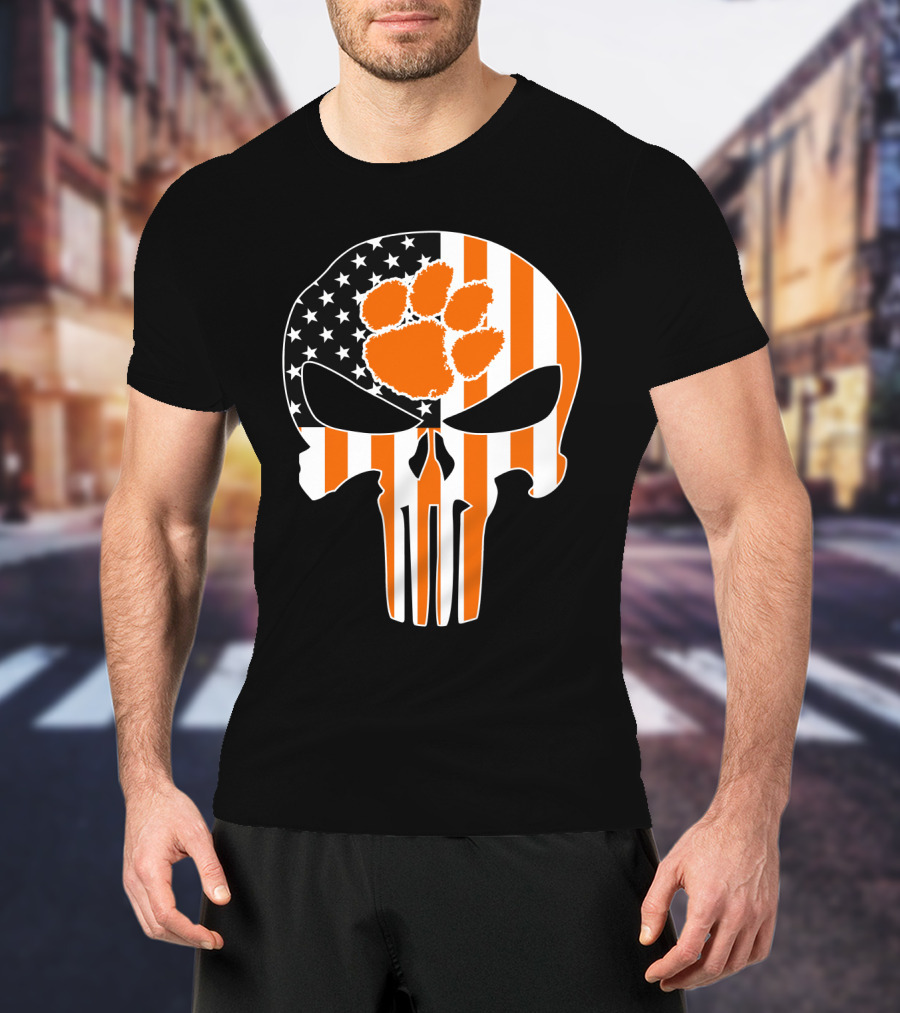 Clemson Tigers Paw Skull American Flag T-Shirt