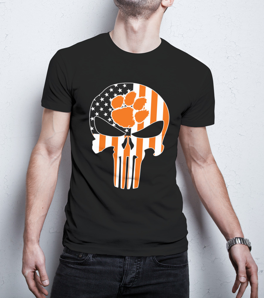 Clemson Tigers Paw Skull American Flag T-Shirt