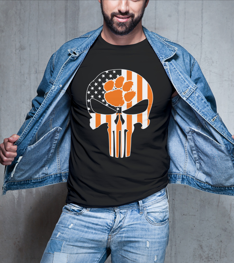 Clemson Tigers Paw Skull American Flag T-Shirt