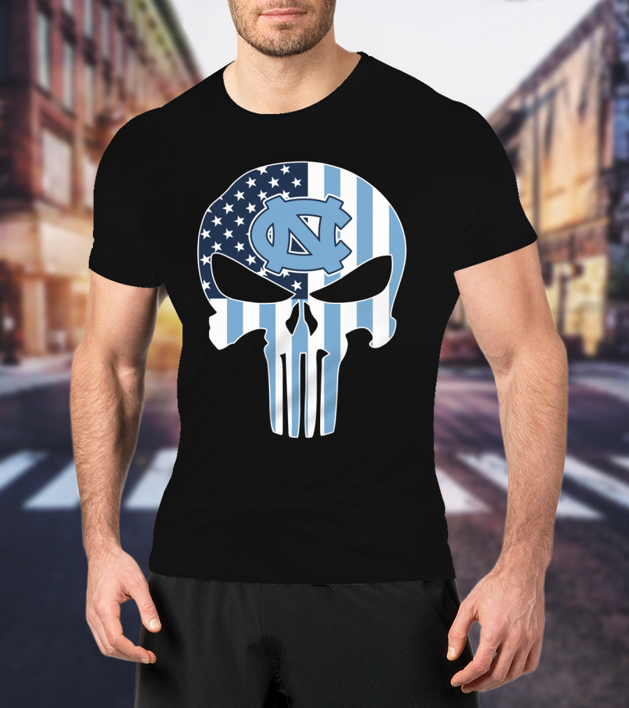 North Carolina Tar Heels Skull American Flag T-Shirt