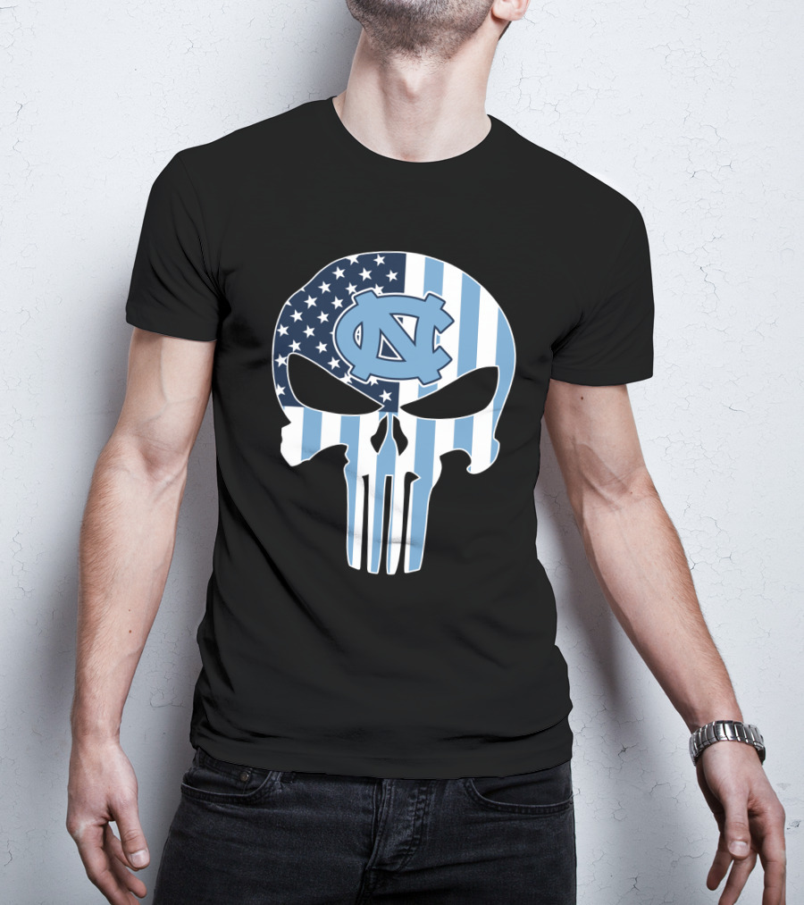 North Carolina Tar Heels Skull American Flag T-Shirt
