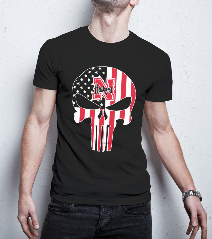 Nebraska Cornhuskers American Flag Skull Punisher T-Shirt